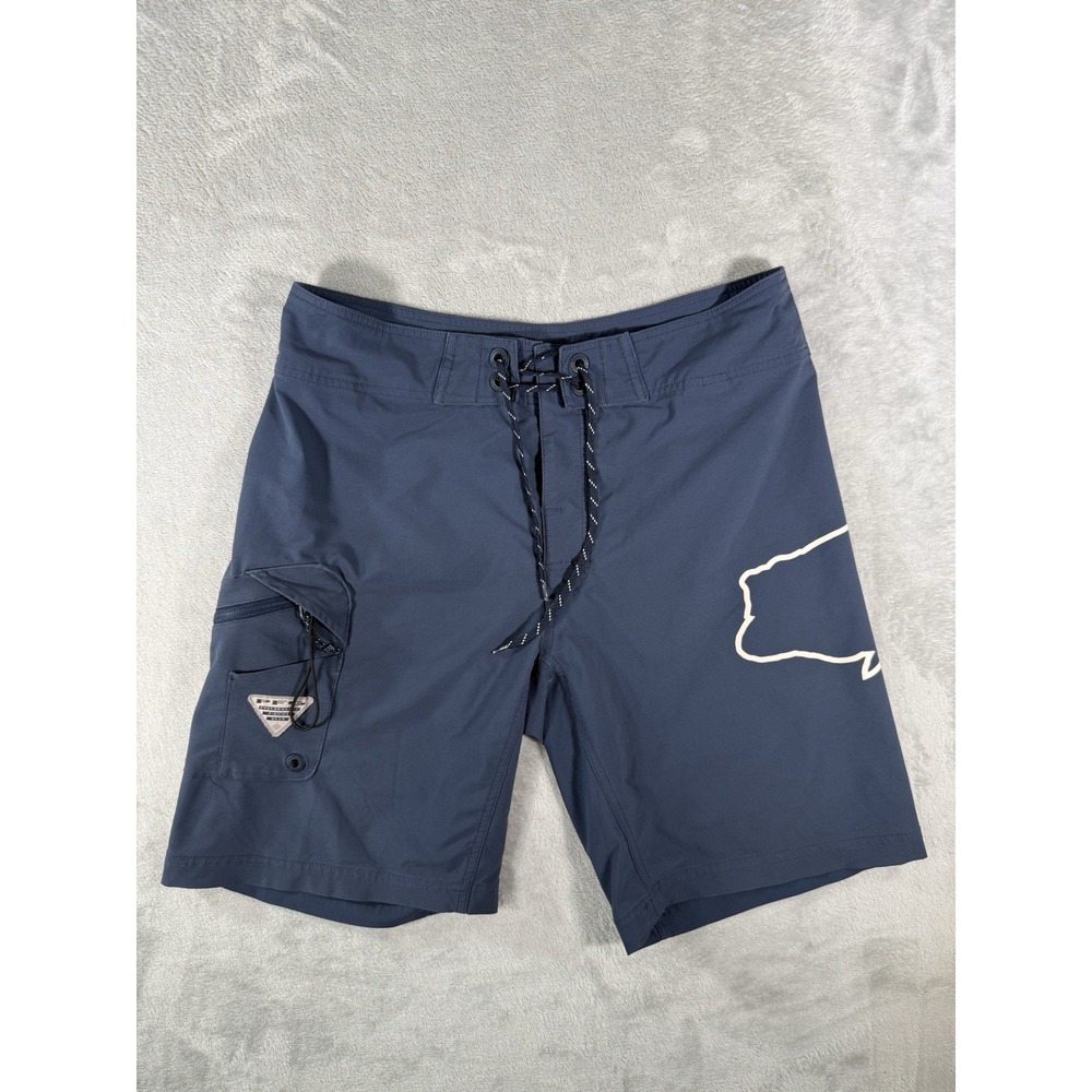 Columbia PFG Board Shorts Mens 32 Blue Large Mouth Bass Graphic Fishing Swimwear